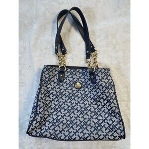 TOMMY HILFIGER Large Shopper Navy Blue Jacquard Tote Handbag Purse